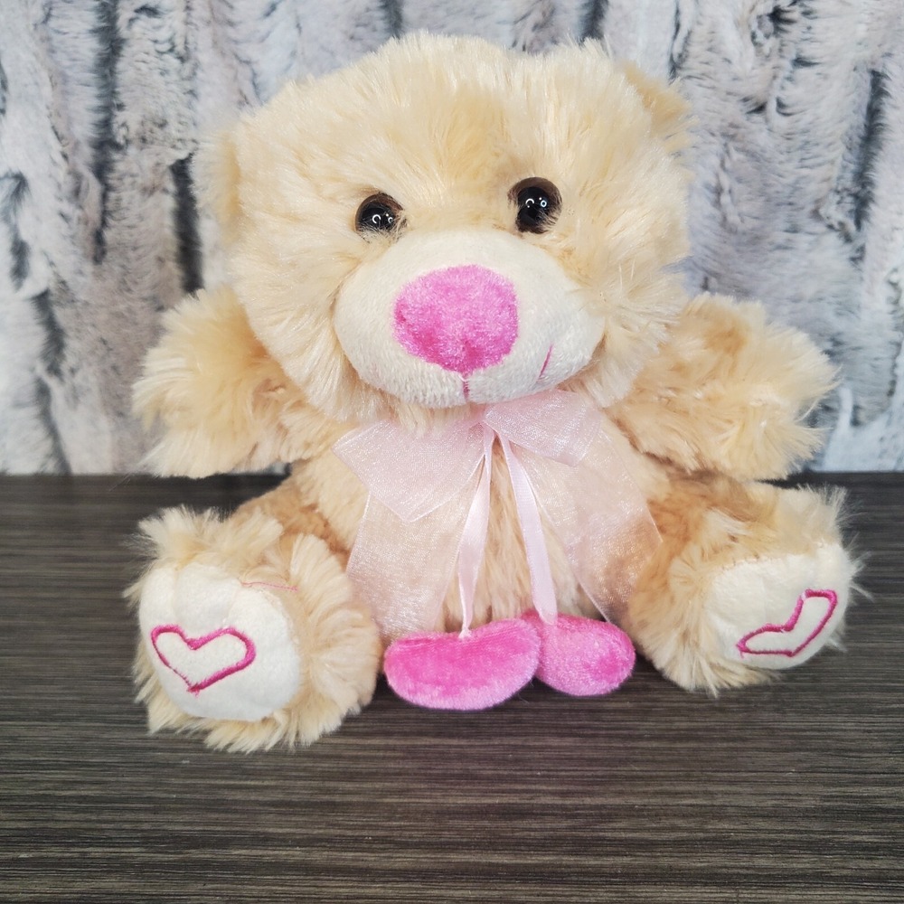 Inter-American Products Beige Teddy Bear Plush Pink Heart Bow Feet 7" Love Toy